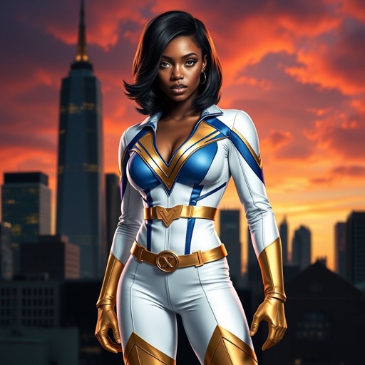 African American female superhero with hair in a shoulder length side part hairstyle with pure Gold Glowing eyes wearing a white suit with gold and royal blue with white pants and gold knee length boots with a utility belt with a gold V as her chest emblem in Philadelphia