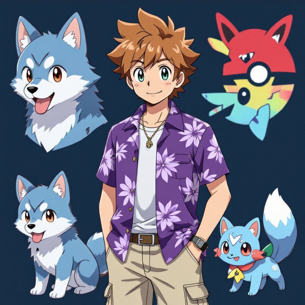 A Pokemon Trainer in A Purple Hawaiian Button Up and Beige Cargo Pants. Light Brown Hair. Husky in Weight in Body type.
