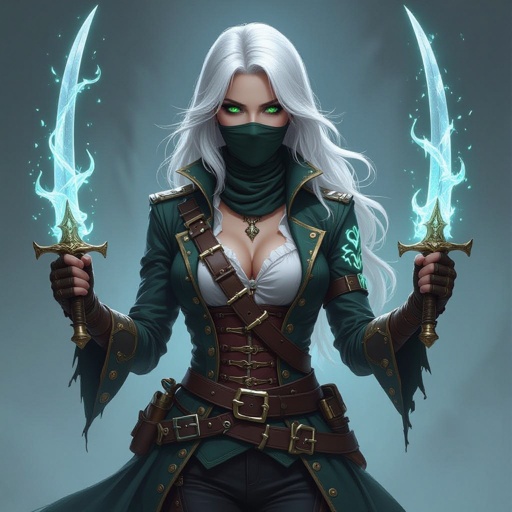 Pirate captain female 5’7 tall platinum hair almost white bright green eyes human keeps face covered 130 lbs Ghost form tattoo on right arm two wielding crystal rapier blades one in each hand rouge pirate captain