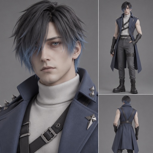 Male, pale, pale blue eyes, eye bags, short dark grey choppy hair with light blue tips hair covering one eye, white turtle neck long sleeves , blue sleeveless short trench coat, long fingerless gloves, grey pants, belts across chest, spiked on shoulders, 35, clean shaven, no emotion, ice powers,  