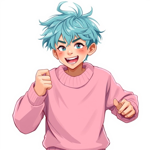 This person is a boy he has light blue/teal hair. He wears a pink sweater and he can wrap.
