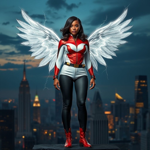 African American female superhero with shoulder length hair in a side part style and wings made of white lightning wearing a slightly homemade white red and black suit with black pants with a stylized V as her chest emblem wearing red flat boots made of gold standing in Philadelphia at dusk