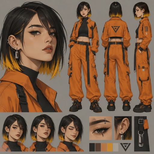 Asian female with straight black neck length hair, yellow tips, side bangs on one side, eyebrow piercing, under eye mascara, ear piercing, orange clothes, 