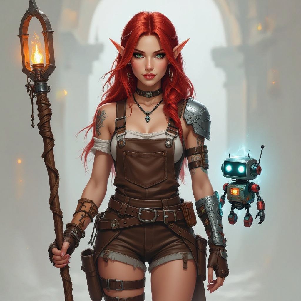 Red Head Half Elf Female Artificer in small leather short overalls Tattooless with Tiny Robot Construct