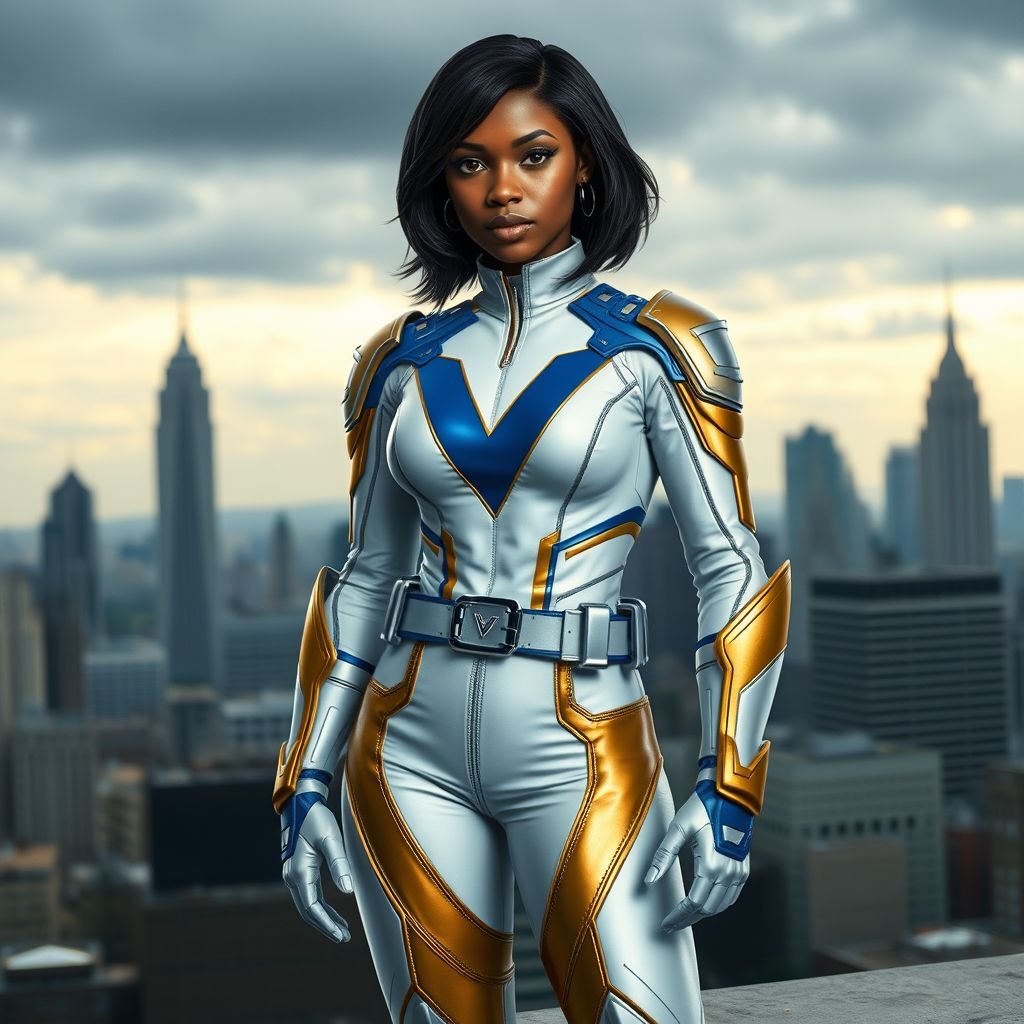 A teenage African American female superhero with hair in a shoulder length side part style wearing a partially leather white and Gold suit with blue accents and a stylized V as her chest emblem a utility belt and silver boots standing in Philadelphia during a cloudy day
