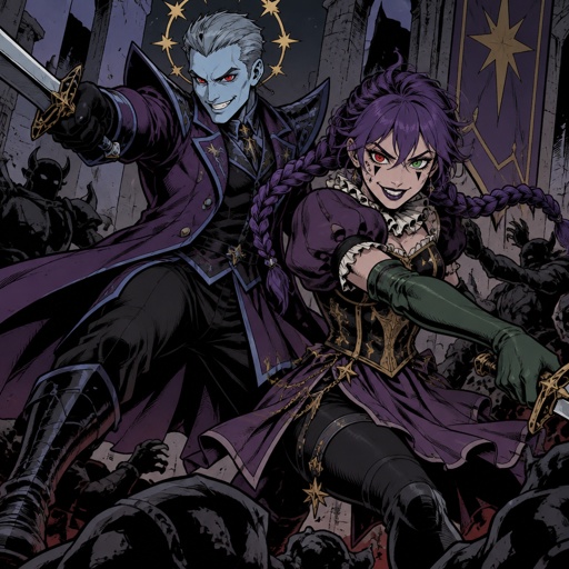 Male, grey short slick pointy back hair, light blue skin, completely full red eyes, red eyes, halo of gold stars surrounding head, purple long coat buttoned up, purple shirt and collar, shirt sleeves over palms, tall boots, black pants, blue details on clothes, pointy shoulder pads dark purple, Female, purple braids, messy bangs, one red eye the other green, black triangle under eyes, stars on face, dark purple lipstick,  purple dress with a short front, short puffy sleeve, gold corset, long green gloves, green details on clothes, stars on top, ruffled collar, black pants, fighting together, both smiling evil