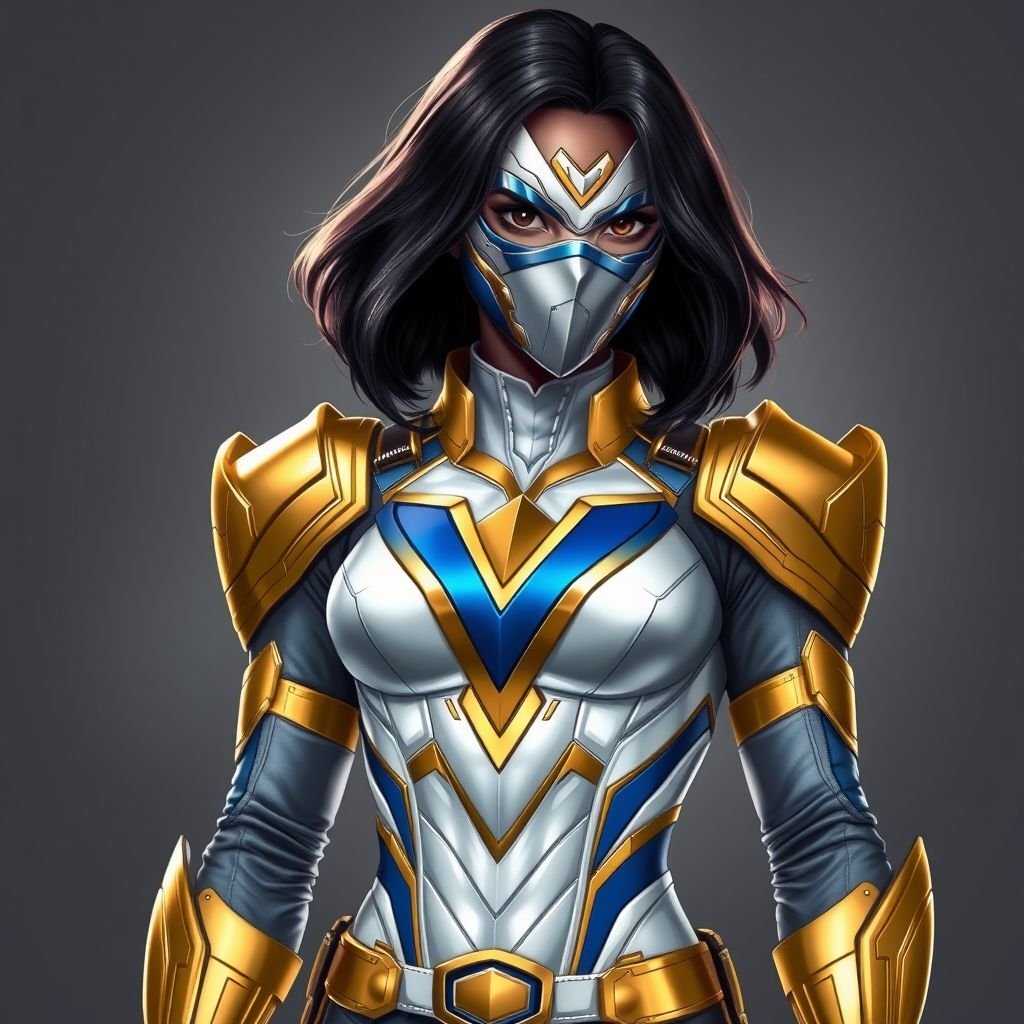 A teenage African American female with shoulder length hair  in a side part style superhero  wearing an armored MASK and a slightly armored white and gold suit with white pants and blue accents and a stylized V as her chest emblem a utility belt and gold boots