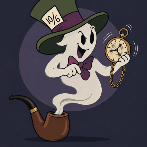 A ghost coming out of a tobacco pipe like smoke  with the mad hatter hat on is checking his pocket watch that is going crazy