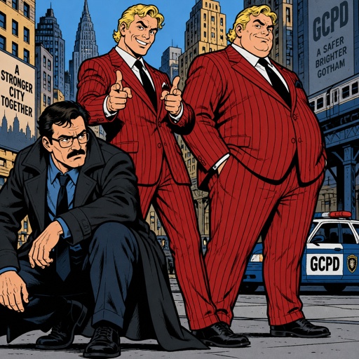 Male, crouching, green eyes, mustache, neck length black hair, neat hair, black glasses, black trench coat, blue shirt, smiling, male blonde curly hair, green eyes, blush, red pinstripe suit, doing finger guns, male, blonde curly hair, green eyes, fat, red pinstripe suit, blush, hands in pockets, smiling, the blonde guy and the fat guy are twins, city background, cinematic 
