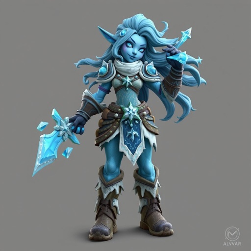 Create a battle woman hero called Alvara the Frostheart. Show full body head to toe including shoes