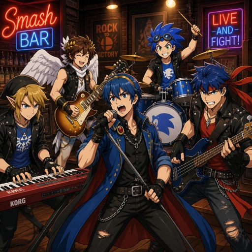 Super smash brothers link from legend of Zelda, pit from kid Icarus, Marth from fire emblem, Ike from fire emblem, Sonic as a human from sonic the hedgehog . There in a band, Marth singer really loud ,pit playing the guitar closing his eyes very happy ,Ike playing the bass with aggressive face expression, Sonic the hedgehog as a human playing the drums grinning,link playing the electric piano smiling intense eyebrows, there singing in a bar, there all wear rock and roll clothes 