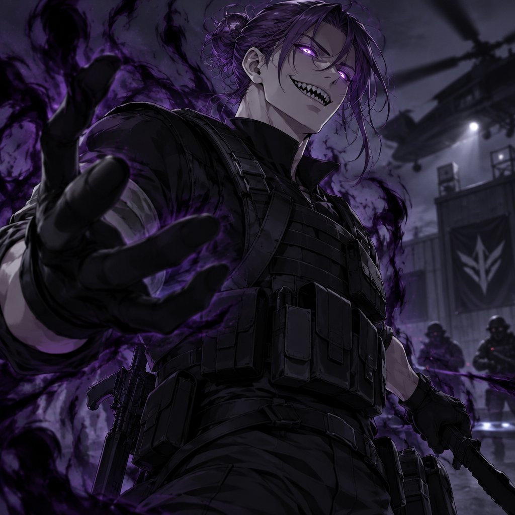 Anime style, Agent Ward male, made to be a weapon, highly skilled, emergency backup case he gets out of control, hair violet messy bun, clean shaven, night vision eyes no goggles, sharp teeth, dark power, tall, intimidating, big grin, he's used as an emergence backup weapon,before he was made into an experiment,ward was pale skin with black neck hair dark brown eyes