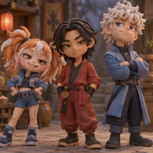 Female, smile, yellow eyes, orange and white messy pigtails, short, wears blue, one droopy eyelid, Male, smile, Asian, neck length black hair, yellow eyes, eyeliner, wears red casual clothes, small mouth, Male, fluffy white hair, big blue eyes, long smile, snobby, wears blue,irritated 