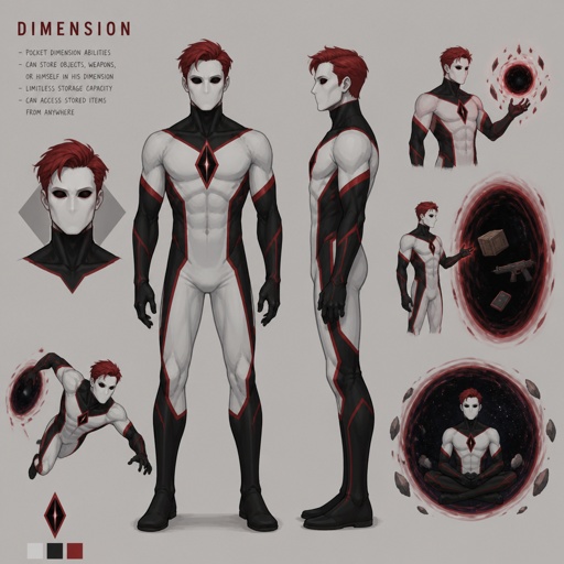 Male superhero with pocket dimension abilities, no mouth, white skin, black eyes, simple,red hair, multiple of the same character