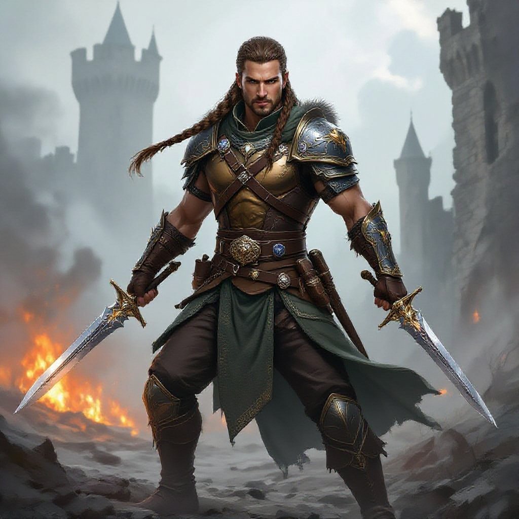 A DnD Noble Ranger. He wields a Jewell encrusted dagger in each hand. Build is slim yet athletic. Handsome face. Soft brown Hair shoulder length and braided. He wears light armour. He stands ready in a fighting stance. Backdrop is a run down burning castle