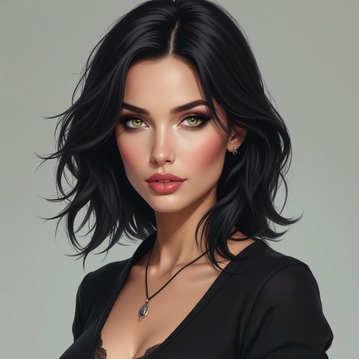 Show character head to toe. Create a mid age fantasy woman jet-black hair is cut sharpand her eyes seem to pierce through darkness. A shadowy aura clings to her form,