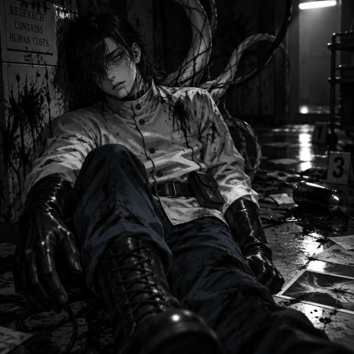 Male, black messy greasy hair, thin shoulder length hair in the back, long hair in the front covering one eye, blue eyes, eye bags, veins under eyes, pale tendrils coming out of back with veins, blue pants, boots, black rubber gloves, short scientist jacket buttoned up, belt with pouch, slowly dying