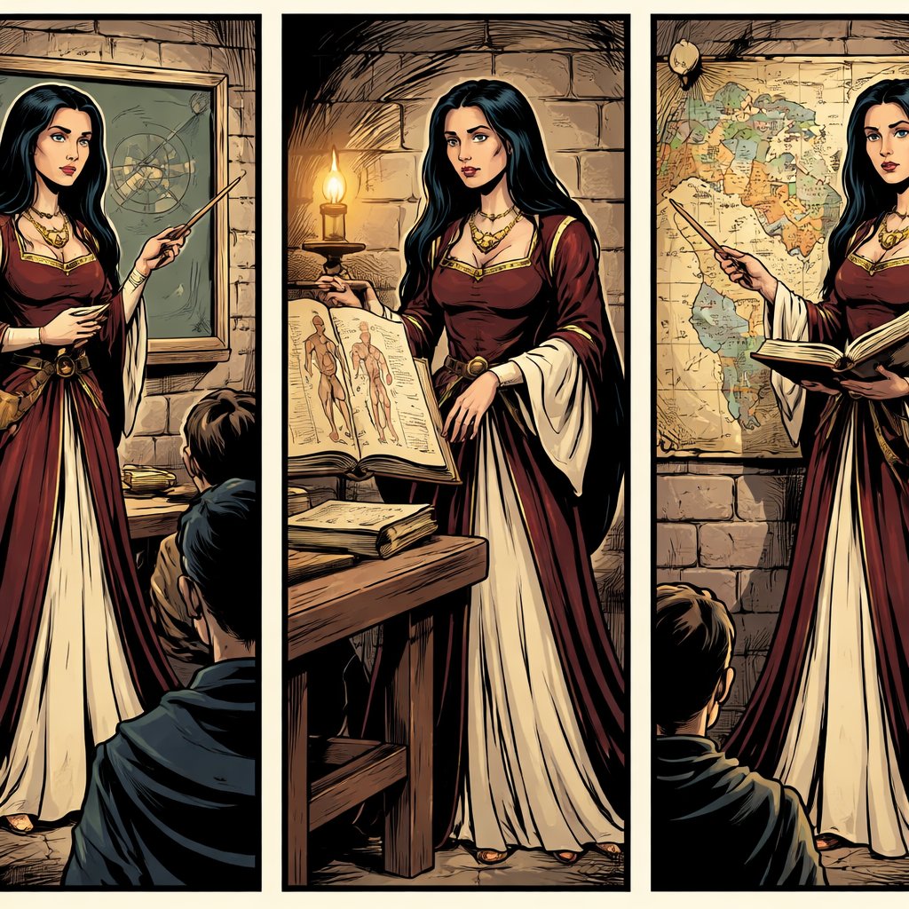 No caricature no speech bubbles othree vertical panels a serious very slim, modest woman in her mid 30s black hair wearing a renaissance style robe is teaching. Full body view