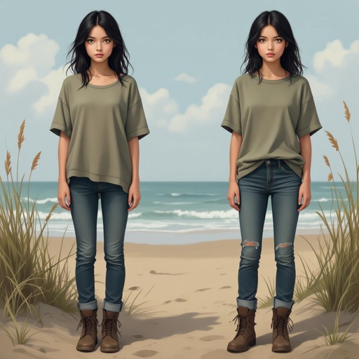 A 16 year old girl with black hair and desaturated seagreen eyes. Skinny. Wearing an oversized top, jeans, and boots.