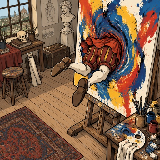 No speech bubbles no print dots, highly realistic in an artist studio a large abstract canvas painting is on an easel. The artist has jumped into the painting. All we see are his thighs to his feet drone view he does. The rest of them has disappeared into the painting. He is wearing renaissance robes.
