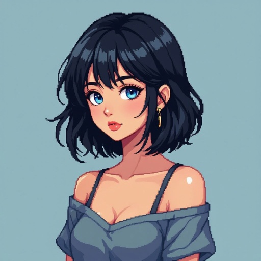 A girl with black hair, no bangs blue grey eyes  no bangs alt style