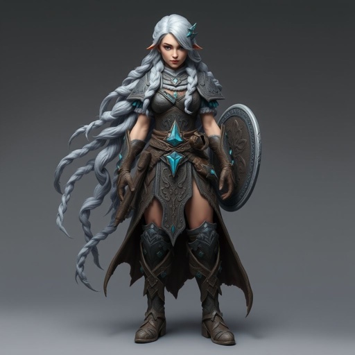 Create character hero Alvara the Frostheart – A tall, beautiful battle-hardened woman. Her long silver hair flows in braids Show her whole body head to toe including her shoes.