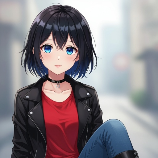Luna is 14 years old, with short black hair. Bright blue eyes. Red t-shirt. Black Jacket. Blue jeans. Black boots. 