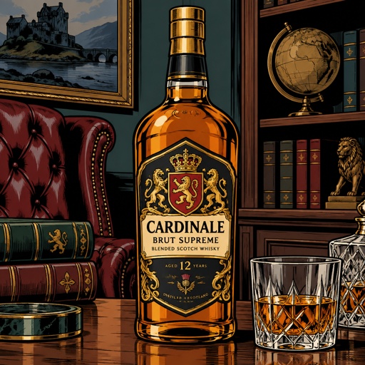 No speech bubble no print dots, highly realistic, unopened bottle of scotch with an ornate label that says Cardinale Brut Supreme