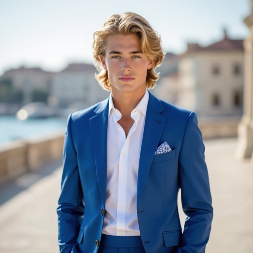 A blonde teenage prince who in a blue suit hot 