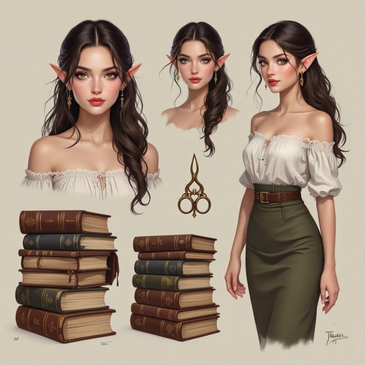 Dark Brown Hair Elf Witch Librarian in Lace Tube Top and Pencil Skirt