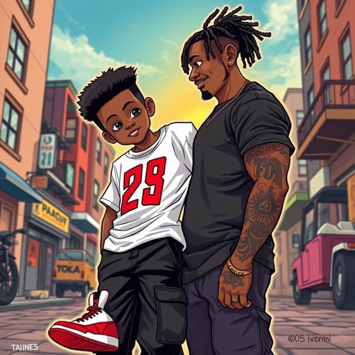 a young dark skin boy with a mini Afro with Jordan’s on and a white Jordan shirt with black pants he has dark brown eyes in the car next to a dark skin guy with a black T-shirt on his eyes at dark brown too and he has a tatto on his right arm and it says foa goin down his arm and he has little black dreads