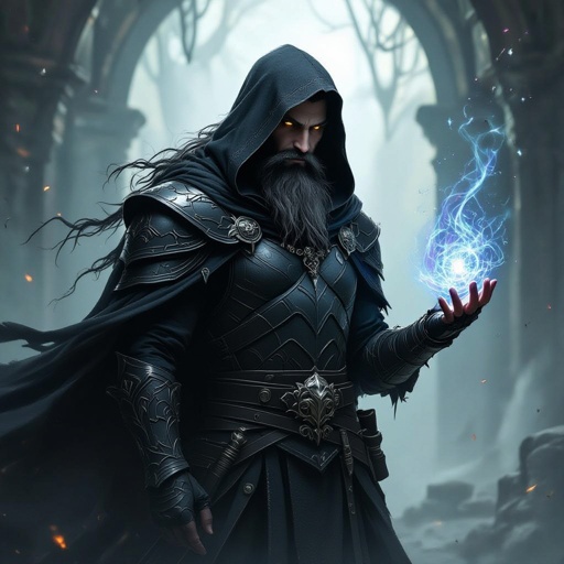 A elf in his 40s with all black on and black beard and has chaos abilities