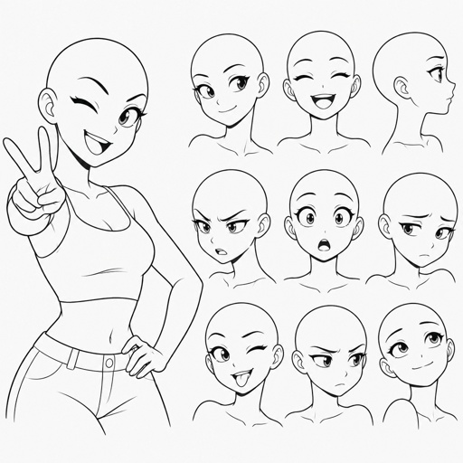 Different face expressions female drawing half body base, dynamic, bald, separate face expressions head different directions, no color