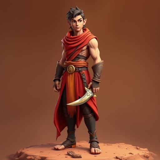 Create handsome hero Rhen the Fire – A lean, muscular man. He wears layered, flowing desert robes dyed in warm reds and golds, with scorch marks where flames have licked them. A curved blade hangs at his hip. Show whole body head to toe including her shoes.