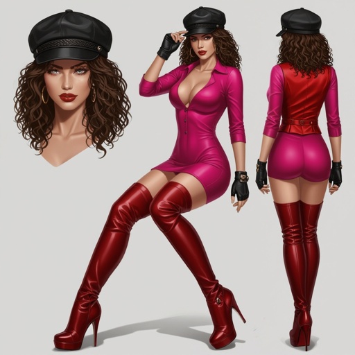 Dark Brown Frizzy Haired Spy Thief in a Tight Hot Pink Bodysuit Dark Red Thigh High Pump Boots. Black Biker Gloves. Black and Red Newsboy Cap. Matching Red open Vest to her boots