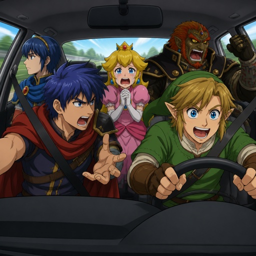 Super smash brothers Marth from fire emblem, Ike from fire emblem,legend of Zelda Link,super Mario bros peach, legend of Zelda ganondorf,there all in a car, link is driving the car at full speed with very exhilarated face expression,peach in the middle of the back seat of the car crying and asking link to stop,Ike in the passenger seat angrily looking at link and telling him to stop the car, ganondorf in the right side of the back seat of the car yelling at link too, and Marth is on the left side of the back seat car calmly looking out the window 