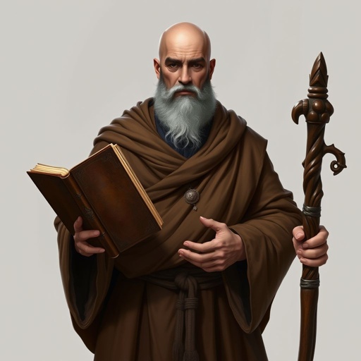 A bald human man in his early forties with a brown robe and a book and staff with facial hair
