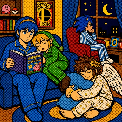 Super smash brothers young link from legend of Zelda, pit from kid Icarus, Marth from fire emblem, sonic the hedgehog as a human It's night time all are in the living room marth is reading a bed time story to the rest, young link is falling asleep leaning on Marth, pit is on the floor hugging a pillow looking at marth intrigued by the story Sonic is on a chair with his one leg over the other listening and staring out the window all are wearing pjs