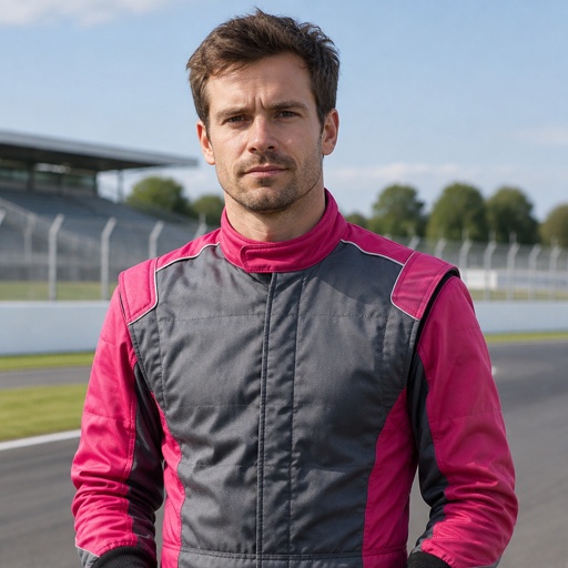 A British man in a dark pink and grey racing uniform with no logos or sponsors 