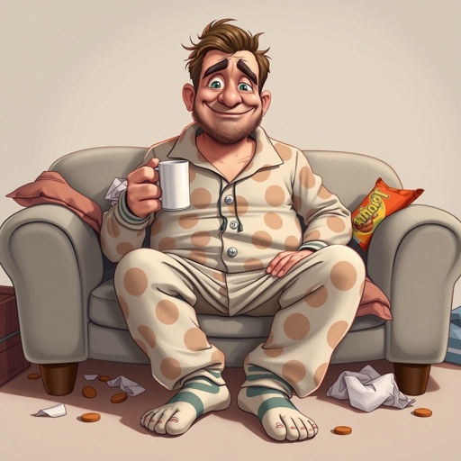 Create a adult humor character who is lazy as heck. And you could tell from his face and his entire outfit. Make is funny and the style of the graphic photographic