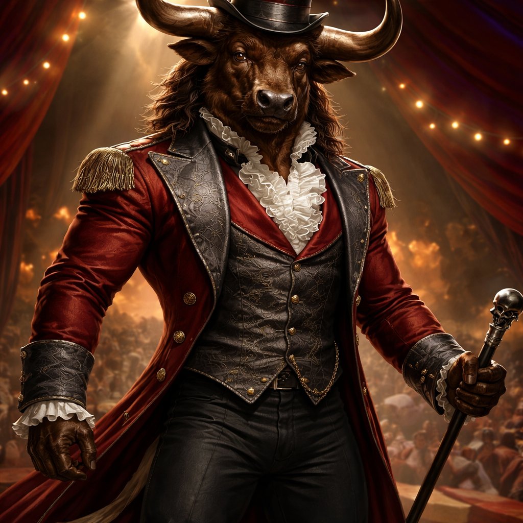 A captivating chestnut brown male Minotaur that’s 6 1/2 feet tall with well~proportioned figure/body with deep set cattle like brown eyes, large powerful gleaming horns like his fathers, a , long tail. He works at freak show as the ringmaster and his abilities are Reality Rejection, Time Manipulation (Chronokineses), Zoolingualism (Language of Cattle only), Human Speech. His outfit consists of a crimson tailcoat, frilly shirt, stunning grey blazer, black pants and top hat.