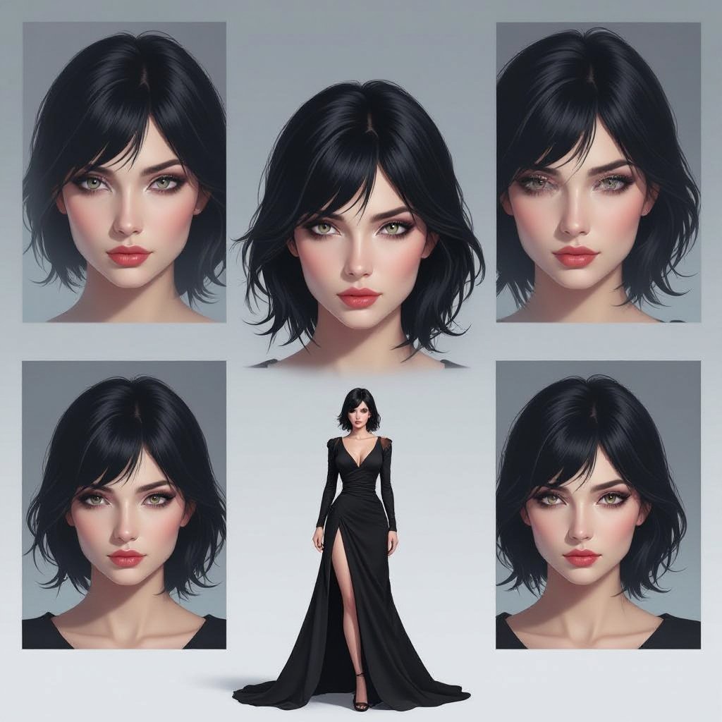 Show character head to toe. Create a mid age mysterious woman jet-black hair is cut sharpand her eyes seem to pierce through darkness. A shadowy aura clings to her form,
