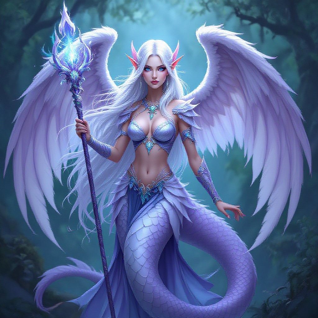 Full view Winged naga with long white hair and bright blue eyes her tail is light purple