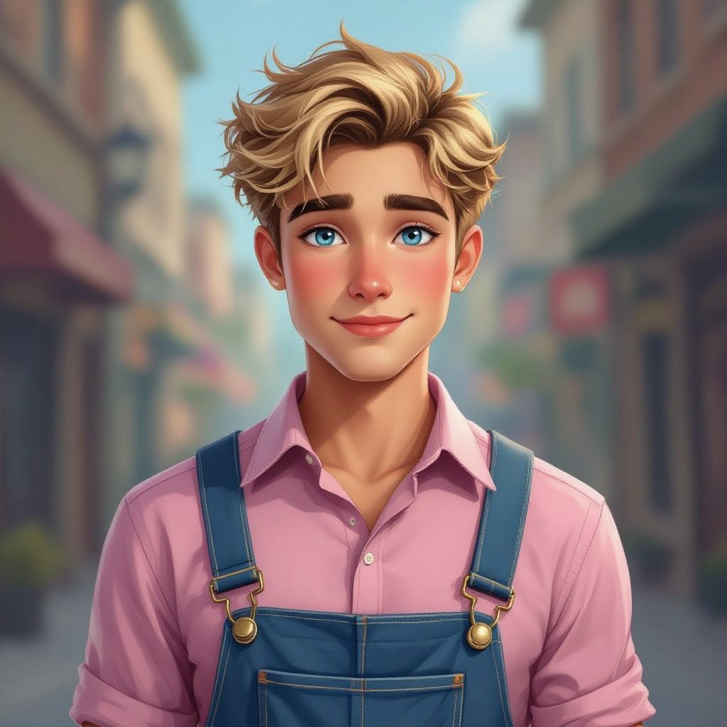 Half British, half Latino, chubby cheeks (not fat) no beard, no blush looks a feminine, frail figure, buttoned up shirt 18-years old male, Blonde hair, blue eyes, ring around eye heterochromia, pink shirt, blue overalls 