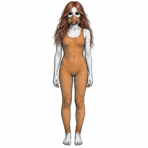Female wearing an orange one piece legs covered sleeveless feet showing, red long hair, completely black eyes, orange breathing mask, 15 years old 