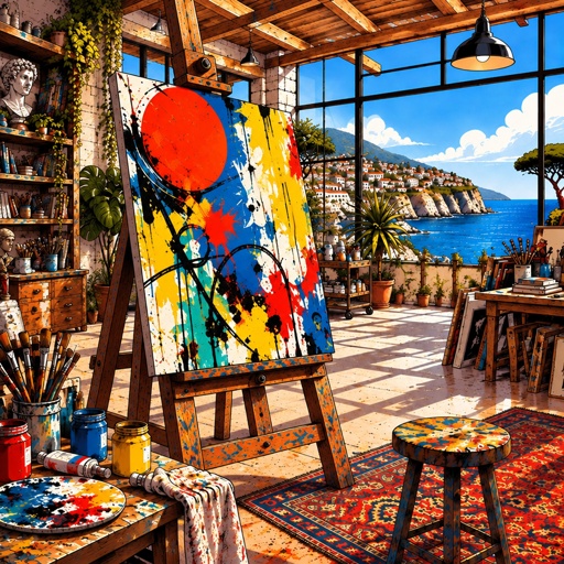 an artist's studio with a painting on the easel
