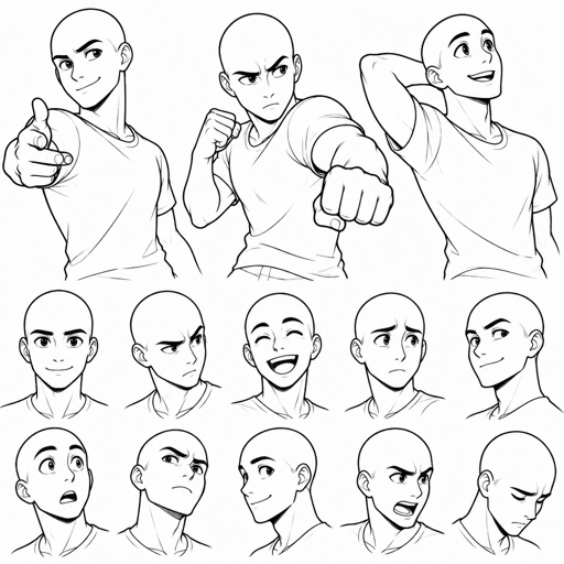 Different face expressions male half body drawing base, dynamic, bald, separate face expressions head different directions, no color