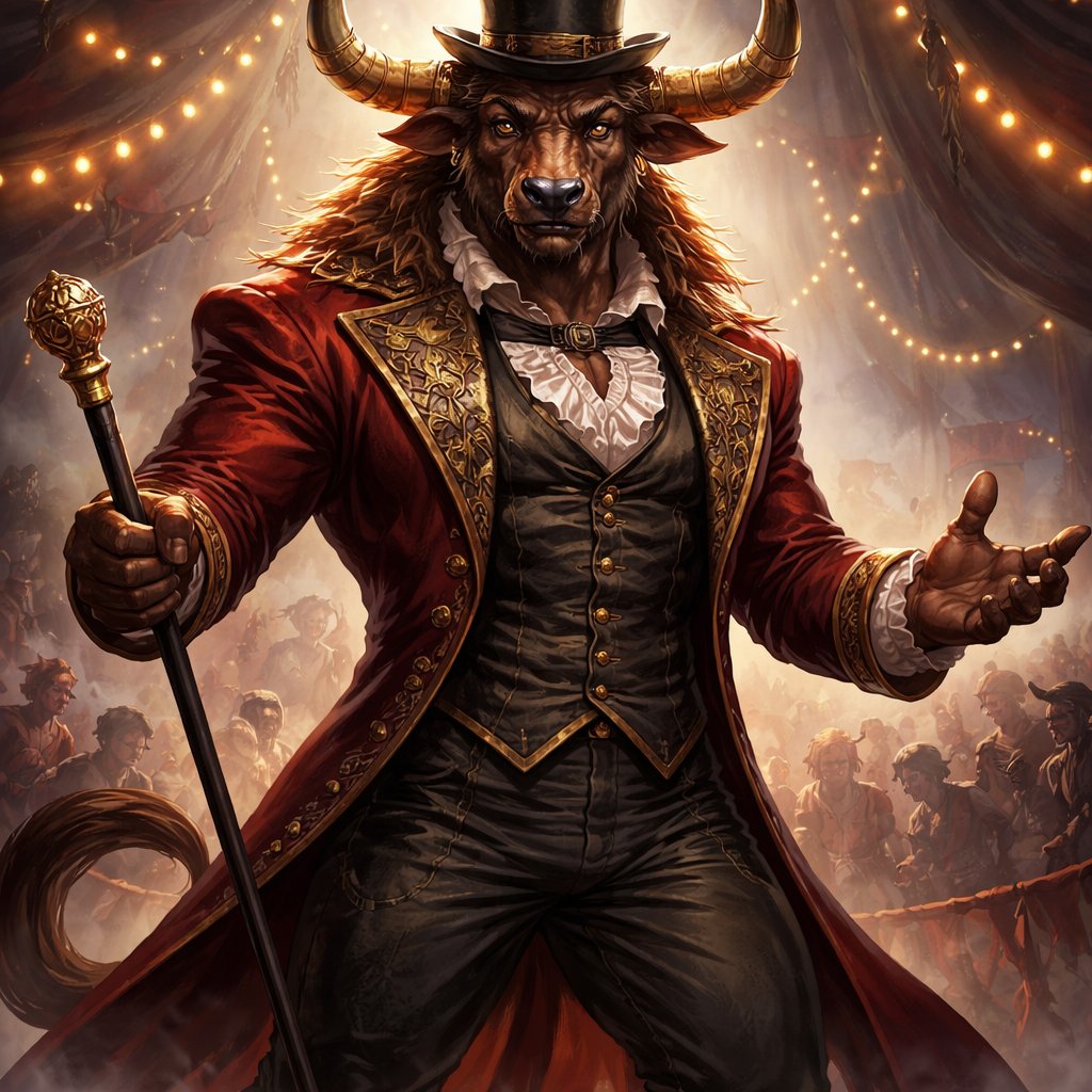 A male chestnut brown Minotaur with deep set cattle like brown eyes, large powerful gleaming horns like his fathers, a well~proportioned figure/body at lest 6 foot tall, long tail. He works at freak show as the ringmaster and his abilities are Reality Rejection, Time Manipulation (Chronokineses), Zoolingualism (Language of Cattle only), Human Speech. His mother is a human with half-animal (Cretan Cattle) physiology and his father is a Cretan Bull.