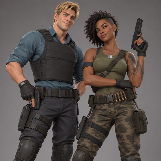 Male, short messy blonde hair, brushed side hair, hair in middle of forehead, smiling, cyan shirt, plain flat bulletproof vest, fingerless gloves, knee pads, belt with gun, Female, African American, curly half shaved short hair, green tank top, camo pants, belt with bullets, fingerless gloves, dog tags, belt across chest, arm strap, tattoos, gun, both posing