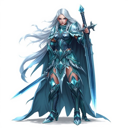 Create a battle woman hero called Alvara the Frostheart. Show full body head to toe including shoes
